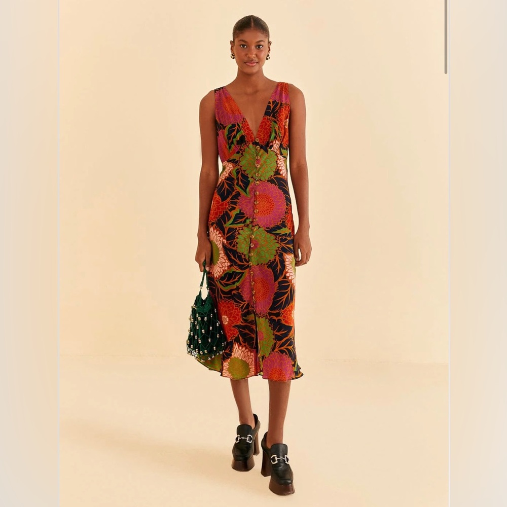 FARM Rio Black Midi Dress with Bright Floral Print (Green, Red, Orange, Pink) - Picture 2 of 11